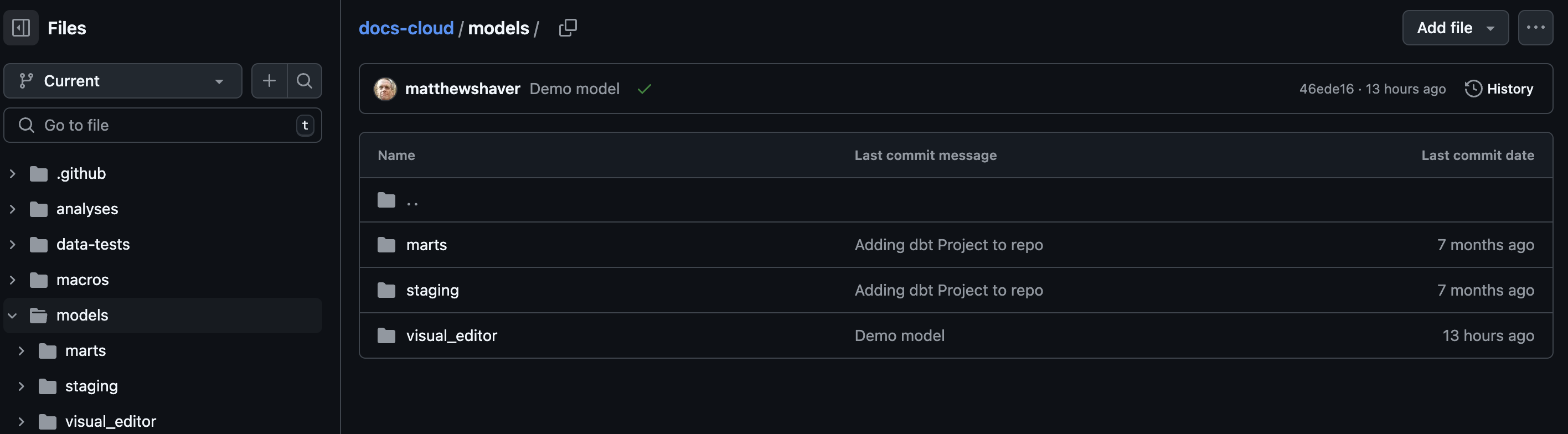 Example of the Visual Editors model path in GitHub. Example of the Visual Editors model path in GitHub.
